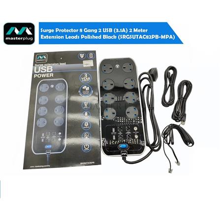 MASTERPLUG 8G2M 2USB 3.1A WITH SURGE PROTECTION GLOSSY BLACK