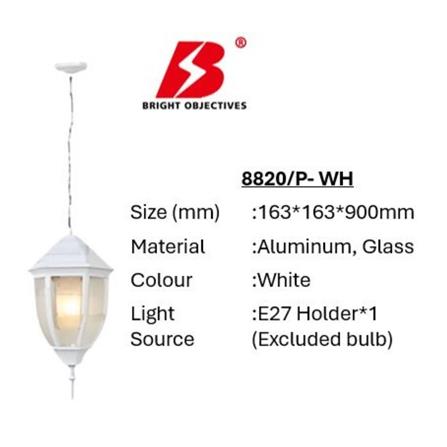 PRE-ORDER BRIGHT OBJECTIVES PENDANT OUTDOOR LAMP 8820/P 900MM E27 WHITE