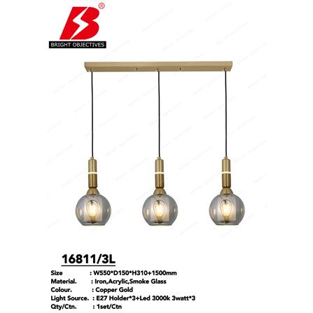 BRIGHT OBJECTIVES PENDANT LAMP 16811/3L GOLD, SMOKE GREY 55CM