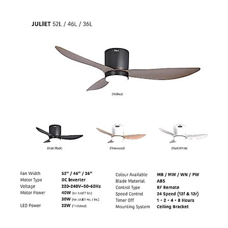 FIERO CEILING FAN JULIET LED 52 INCH 3 BLADE WALNUT