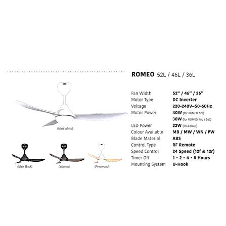 FIERO CEILING FAN ROMEO LED 36 INCH 3 BLADE WALNUT