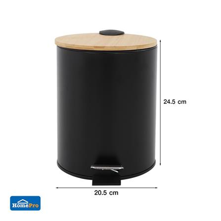 ROUND DUSTBIN PEDAL WITH WOODEN LID ACCO SYLVAN 5L BLACK [EXCLUSIVE FROM HOMEPRO THAILAND]