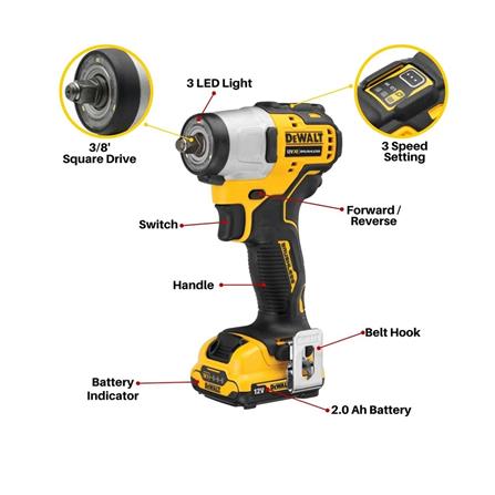 DEWALT 12V 3/8" IMPACT WRENCH (2x 2.0Ah Battery) DCF902D2-B1
