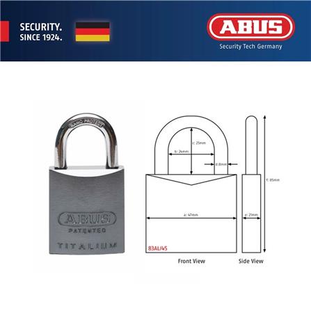 (ONLINE) ABUS 45MM TITALIUM ALUMINIUM PADLOCK WITH 2 KEYS 83AL/45 TITANIUM