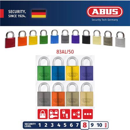 (ONLINE) ABUS 50MM TITALIUM ALUMINIUM PADLOCK WITH 2 KEYS 83AL/50 SILVER
