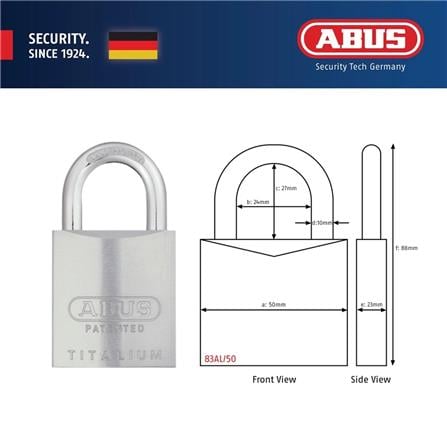 (ONLINE) ABUS 50MM TITALIUM ALUMINIUM PADLOCK WITH 2 KEYS 83AL/50 SILVER