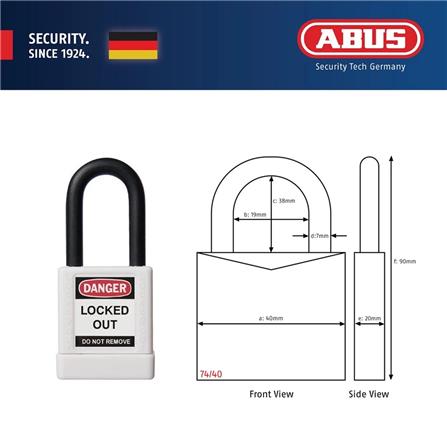 (ONLINE) ABUS 40MM LOTO LIGHTWEIGHT ALUMINIUM PADLOCK 1 KEY & 1 LABEL 74/40 WHITE
