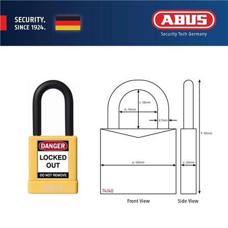 (ONLINE) ABUS 40MM LOTO LIGHTWEIGHT ALUMINIUM PADLOCK 1 KEY & 1 LABEL 74/40 YELLOW