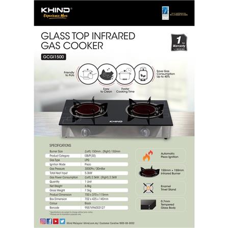 KHIND GLASS TOP INFRARED GAS STOVE GCGI1500 2BURNERS