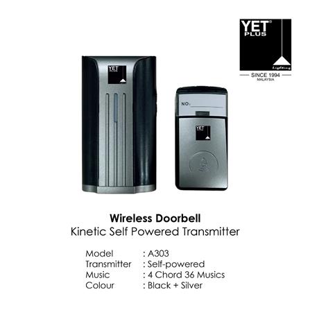 YETPLUS DIGITAL WIRELESS KINETIC DOORBELL A303 BLACK+SILVER