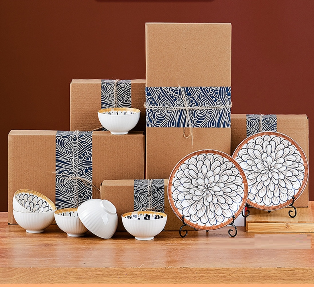 JAPANESE STYLE CERAMIC TABLEWARE BOWL & PLATE GIFT BOX SET -CP - 6PCS SET-A