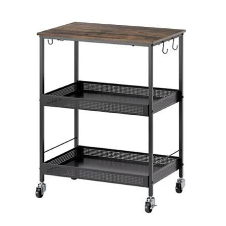 3-TIER STEEL UTILITY CART WITH A WOOD TOP AND CASTERS STACKO RUSTIC 60x40x81.2CM BLACK