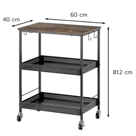 3-TIER STEEL UTILITY CART WITH A WOOD TOP AND CASTERS STACKO RUSTIC 60x40x81.2CM BLACK