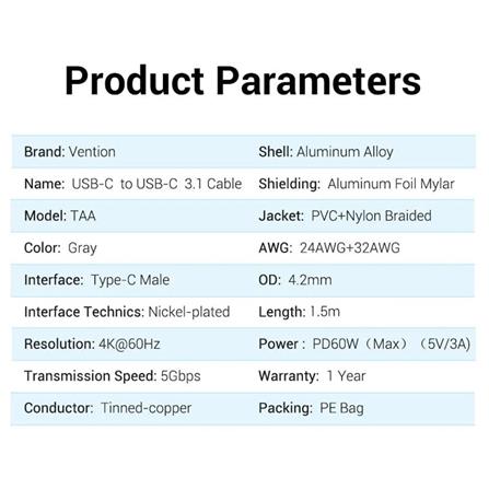 VENTION COTTON BRAIDED USB-C TO USB-C 3.1 CABLE 1.5M GREY
