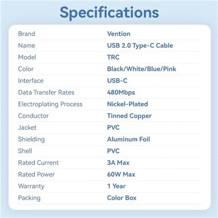 VENTION USB 2.0 TYPE-C TO TYPE-C 3A CABLE 1M WHITE PVC TYPE