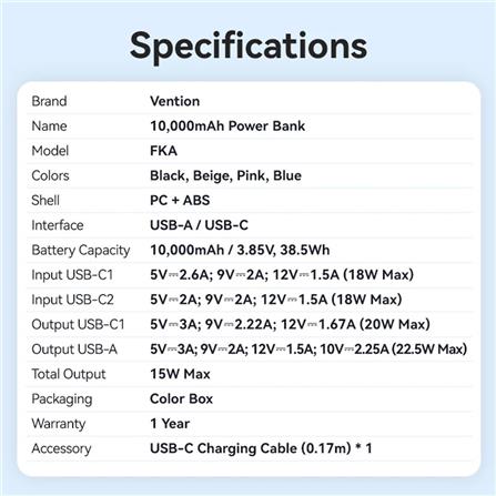 VENTION POWERBANK 10000mAh WITH BUILD-IN USB-C 22.5W BLUE FKAL0-C-TY