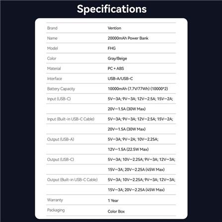VENTION POWERBANK 20000mAh W/BUILT-IN USB-C 45W GREY UNIVERSAL TYPE FHGH0-TY