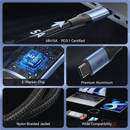VENTION USB 2.0 TYPE-C TO TYPE-C 240W CABLE 1.5M BLACK ALUMINIUM ALLOY TYPE