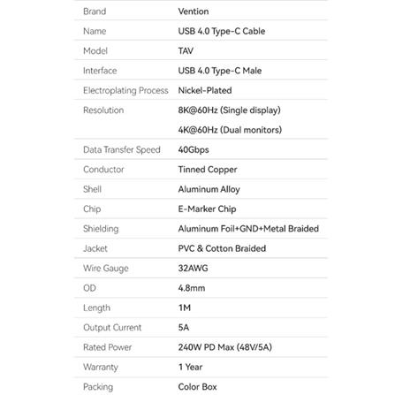 VENTION COTTON BRAIDED USB4.0 TYPE-C TO C 5A CABLE 1M GREY ALUMINIUM ALLOY TYPE