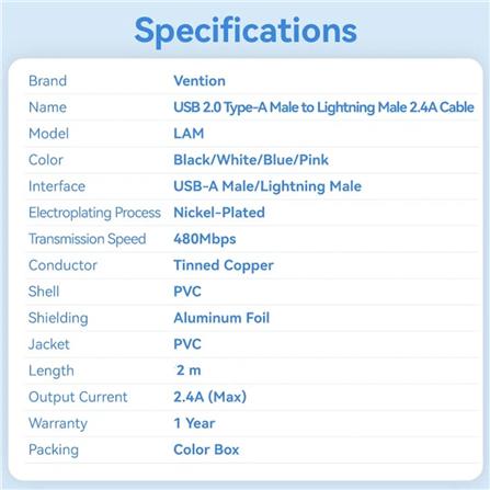 VENTION USB 2.0 TYPE-A TO LIGHTNING 2.4A CABLE 2M BLACK PVC TYPE