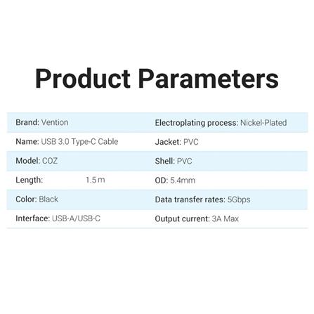 VENTION USB 3.0 TYPE-A TO TYPE-C CABLE 1.5M BLACK PVC TYPE