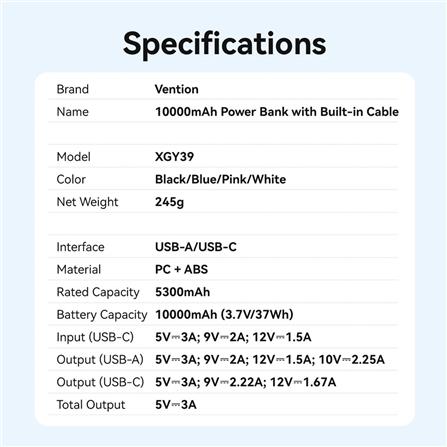 VENTION POWERBANK 10000mAh FAST CHARGE PINK XGYP0-39-TY