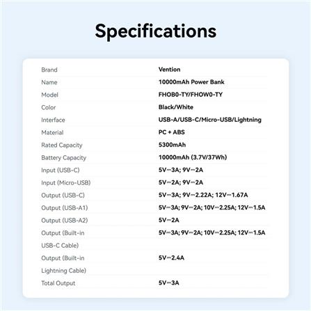 VENTION POWERBANK 10000mAh WITH BUILD-IN LIGHTNING AND TYPE C WHITE FHOW0-TY
