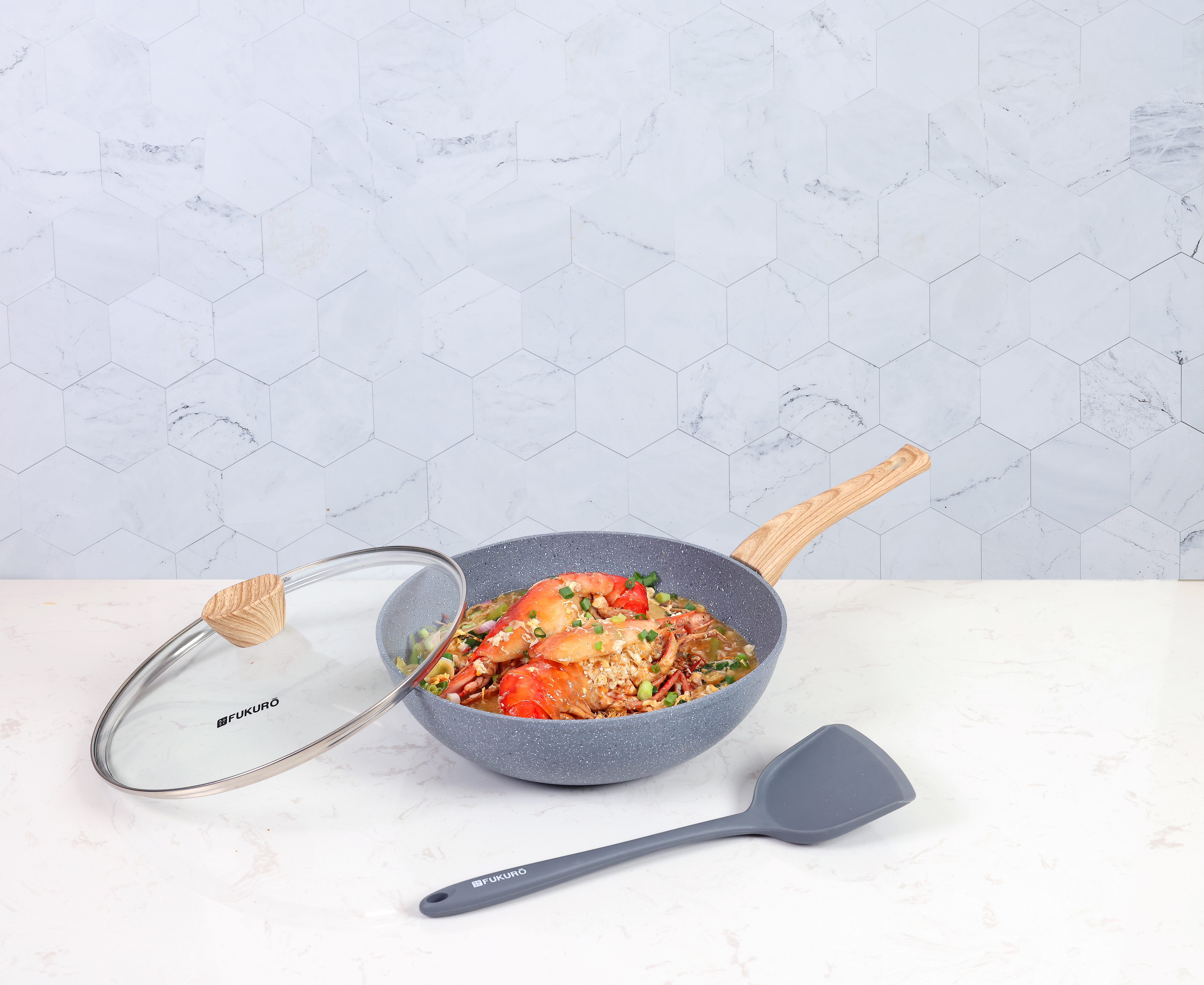 FUKURO ISHI MARBLE WOK PAN 28CM WITH GLASS LID+ PROSILICONE TURNER SET
