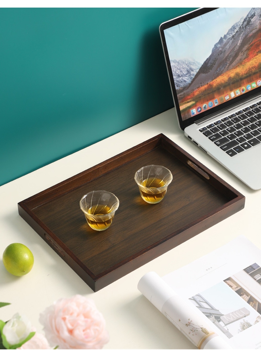 DARK BROWN  BAMBOO SERVING TRAY 33CM- RETANGULAR