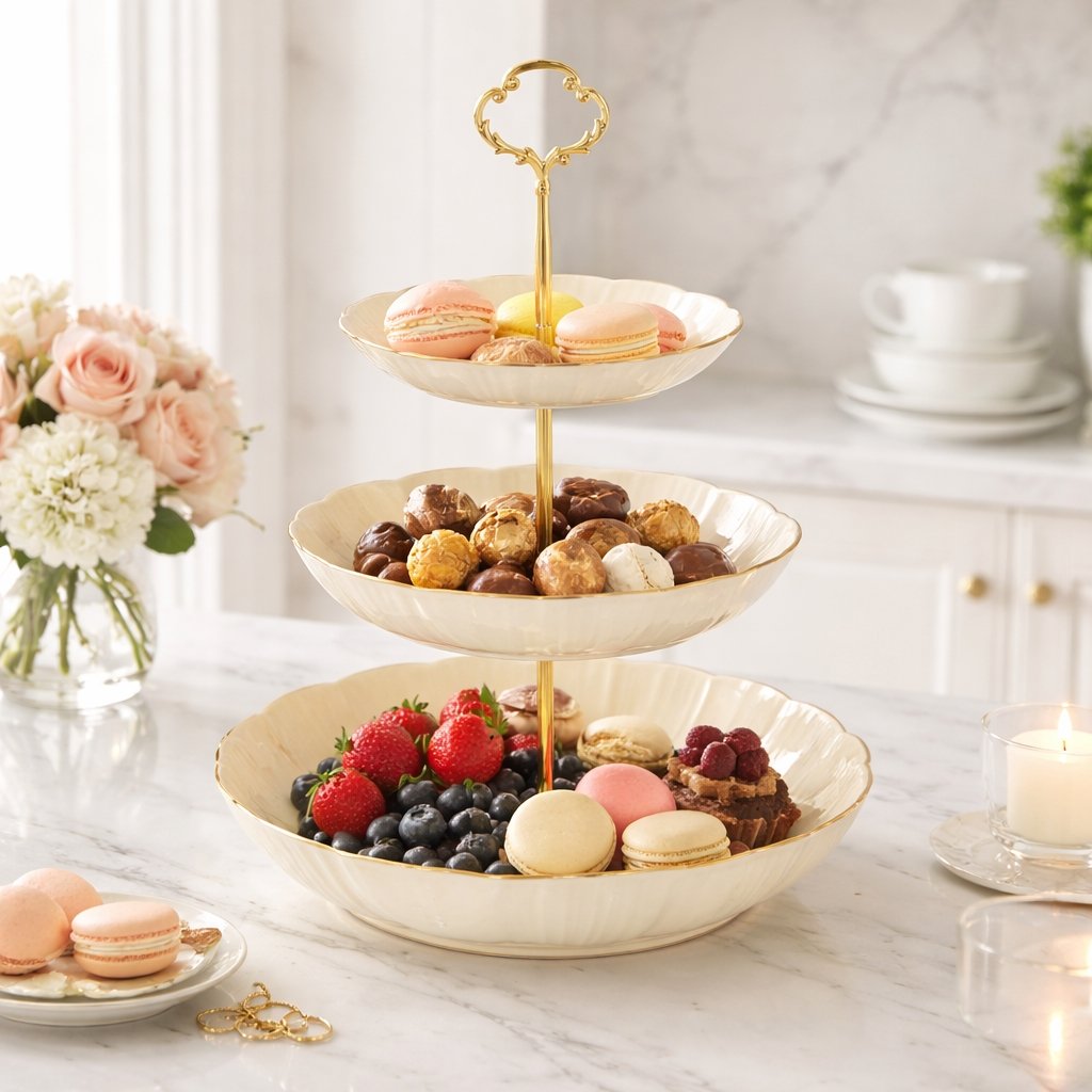 COSSY PLUS 3-TIER CAKE TRAY &ndash; GOLD RIM DESIGN