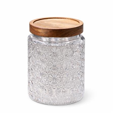 GLASS JAR EMBOSS 500ML WITH WOODEN LID - STAR DESIGN