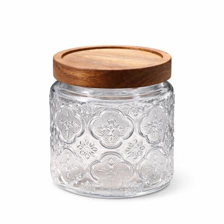 GLASS JAR EMBOSS 500ML WITH WOODEN LID - BEGONIA FLOWER DESIGN