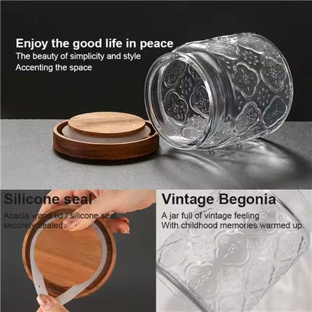 GLASS JAR EMBOSS 500ML WITH WOODEN LID - BEGONIA FLOWER DESIGN
