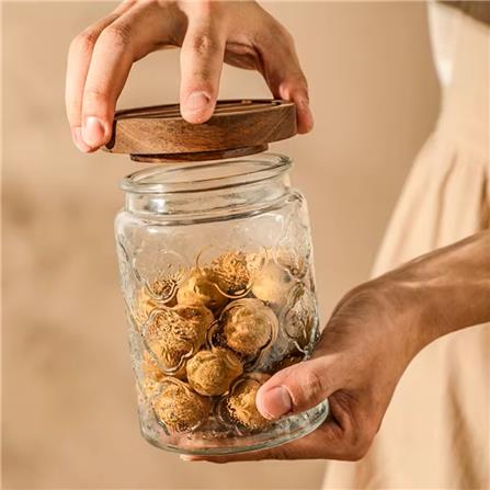 GLASS JAR EMBOSS 500ML WITH WOODEN LID - BEGONIA FLOWER DESIGN