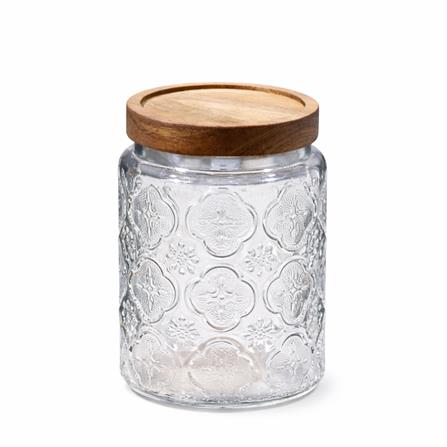 GLASS JAR EMBOSS 700ML WITH WOODEN LID - BEGONIA FLOWER DESIGN
