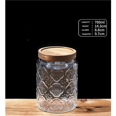 GLASS JAR EMBOSS 700ML WITH WOODEN LID - BEGONIA FLOWER DESIGN