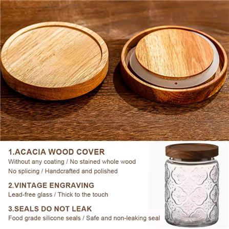 GLASS JAR EMBOSS 700ML WITH WOODEN LID -STAR DESIGN