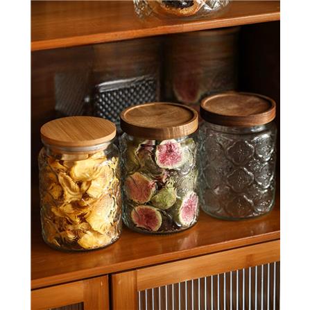 GLASS JAR EMBOSS 700ML WITH WOODEN LID -STAR DESIGN