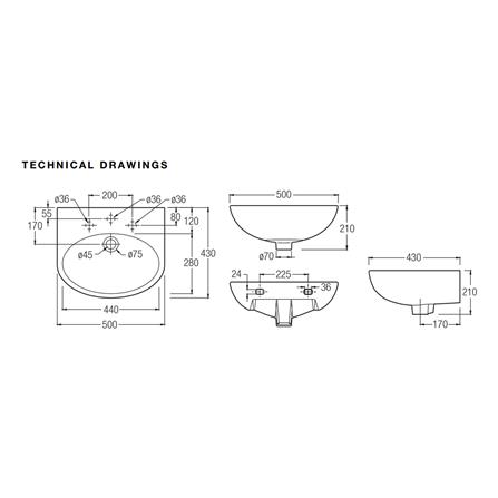JOHNSON SUISSE BOSTON WALL HUNG BASIN WBSABS201WW 50CM WHITE