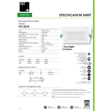 YETPLUS LED RECESSED DOWNLIGHT 5018 18W 3-COLOUR GLASS SQUARE