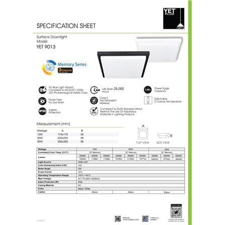 YETPLUS LED SURFACE DOWNLIGHT 9013 20W 3C MEMORY BLACK SQUARE