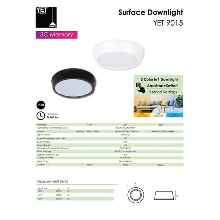 YETPLUS LED SURFACE DOWNLIGHT 9015 12W 3-COLOR BLACK ROUND