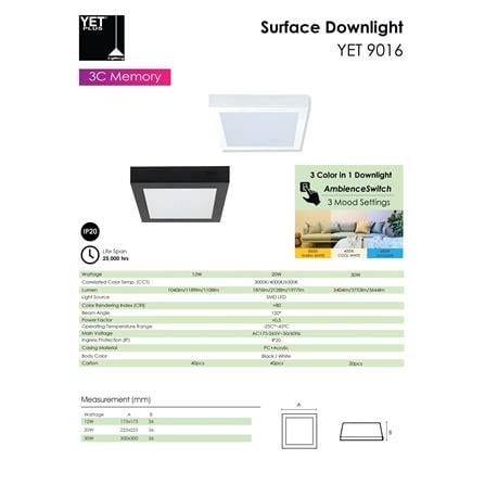 YETPLUS LED SURFACE DOWNLIGHT 9016 30W 3-COLOR BLACK SQUARE