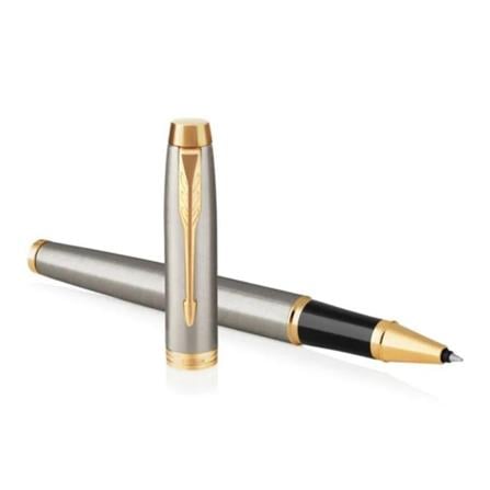 PARKER IM BRUSHED METAL GOLD TRIM ROLLERBALL PEN HD TB