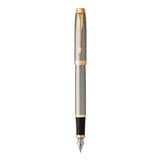 PARKER IM BRUSHED METAL GOLD TRIM FOUNTAIN PEN FINE TB