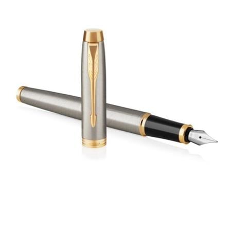 PARKER IM BRUSHED METAL GOLD TRIM FOUNTAIN PEN FINE TB