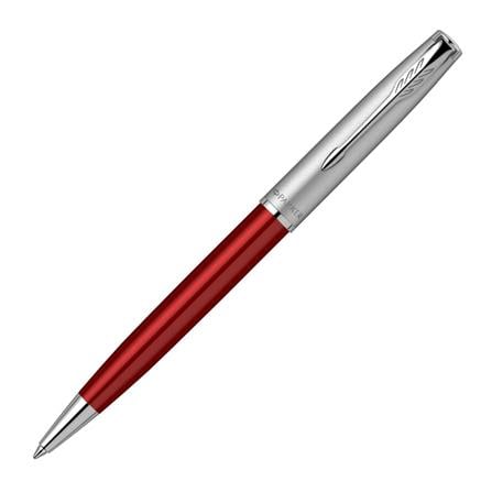 PARKER SONNET RED SANDBLASTED CHROME TRIM BALLPOINT PEN MEDIUM BLACK TB