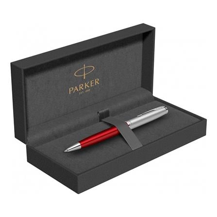 PARKER SONNET RED SANDBLASTED CHROME TRIM BALLPOINT PEN MEDIUM BLACK TB
